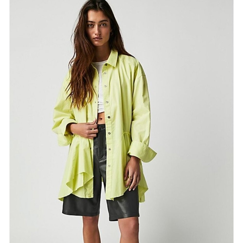 Free People Neon Yellow Green Oversized Freya Poplin Tunic Blouse Top NWT XS